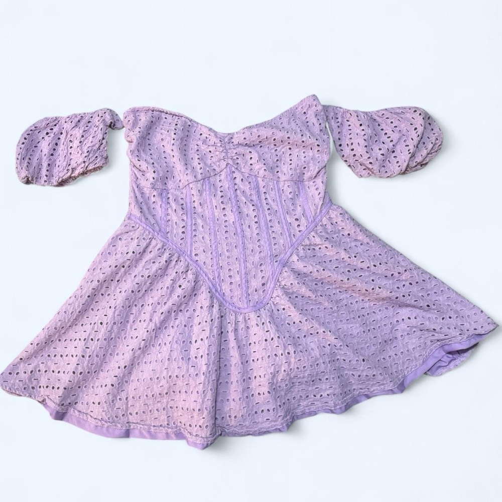 PrettyLittleThing Lavender Eyelet Off-Shoulder Mini Dress